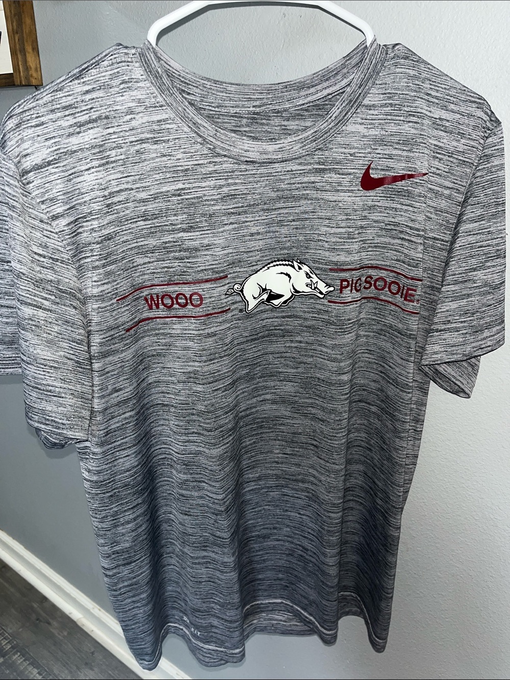 Nike Gray Marled Tee with Red Swoosh and Razorback Emblem